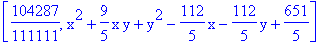 [104287/111111, x^2+9/5*x*y+y^2-112/5*x-112/5*y+651/5]